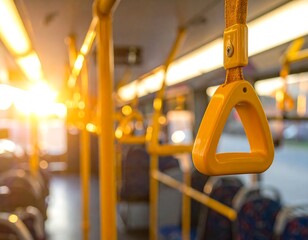 A close-up of a yellow handle on a public transportation vehicle
