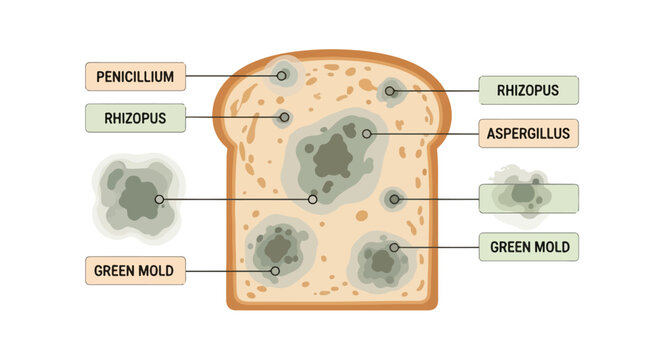 A slice of bread with various types of mold growth including Penicillium, Rhizopus, Aspergillus, and green mold labeled on a white background.