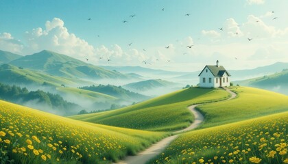 Serene landscape with white house on green hill surrounded by vibrant yellow flowers and birds in flight