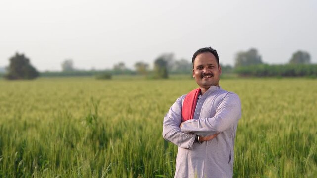 young indian farmer standing at green wheat field