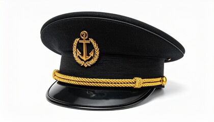 Black naval peaked cap with gold anchor emblem and decorative embroidery.