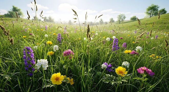 Vibrant wildflowers in a lush green meadow under a clear blue summer sky in nature