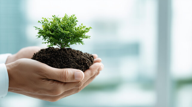 corporate sustainability concept with green plant growing in hands of businessman, sustainable business growth and environmental responsibility, professional male in suit holding soil with small sprou