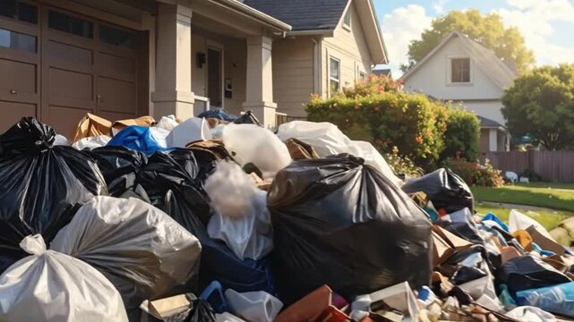 Overflowing trash bags and discarded items piled up on the lawn.