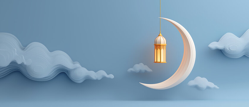 Crescent moon with hanging lantern surrounded by soft clouds in blue sky