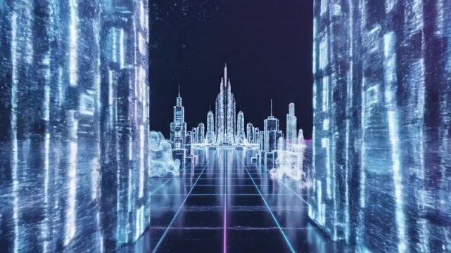 Futuristic Digital Grid Landscape with Light Particle Architecture for World Creativity and Innovation Day