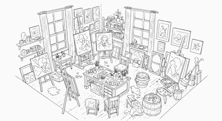 Artist Studio with Paintings and Furniture.