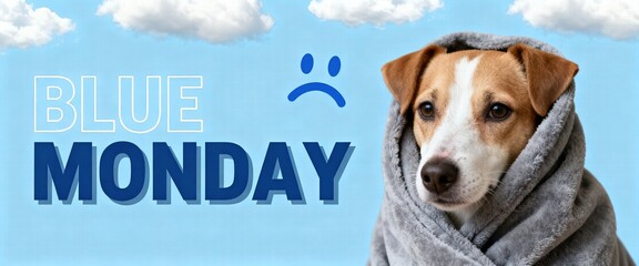 Blue Monday Dog Wrapped in Blanket Feeling Sad
