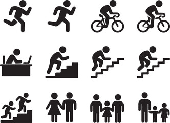 Black silhouette icons of people performing various physical activities and social interactions