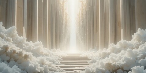 Ethereal staircase ascends to heavenly gates with divine light