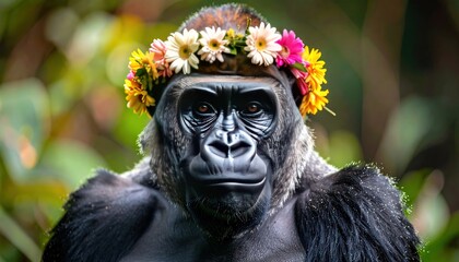 Obraz premium A Majestic Gorilla Wearing a Crown of Flowers in the Jungle.