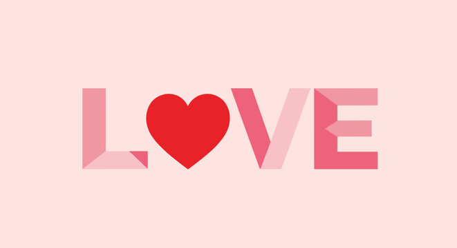 Pink folded paper style love typography graphic design with a red heart shape replacing the letter O on pink background.