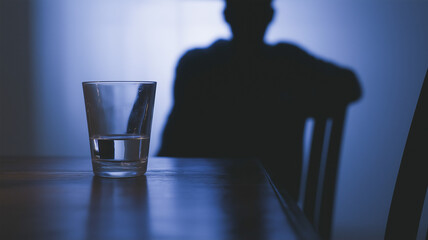 机のそばに座る人物シルエットと空のコップ