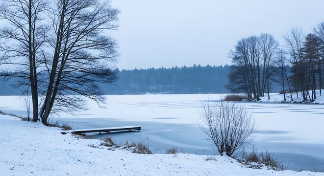 Serene winter landscape snowy nature scene with frozen river and trees