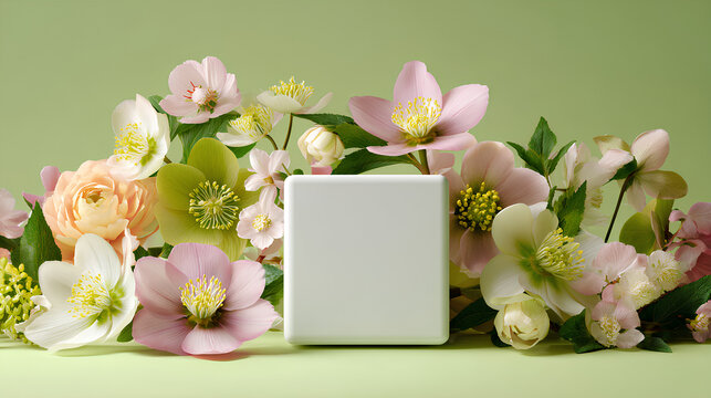 White cube surrounded by pastel spring flowers hellebores on soft green gradient background. Perfect for cosmetic product display, skincare branding, or packaging mockup. Copy space