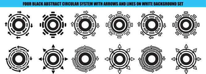 Black circular abstract systems with arrows and lines on white