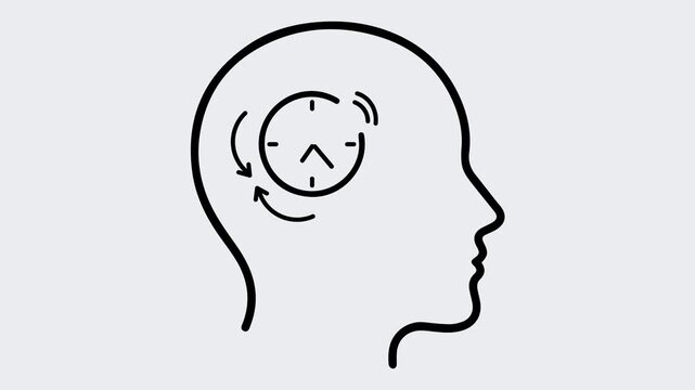 animation of the clock heath line. An animated icon of a human head with a biological clock. Enhance your ability to think during the day. A white backdrop with an outline feature.&nbsp;HD video