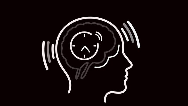 animation of the clock heath line. An animated icon of a human head with a biological clock. Enhance your ability to think during the day. A black backdrop with an outline feature.&nbsp;HD video
