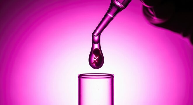 A detailed pink droplet with a fetus illustration slowly descending into a test tube with a vibrant and gradient background showcasing science concept