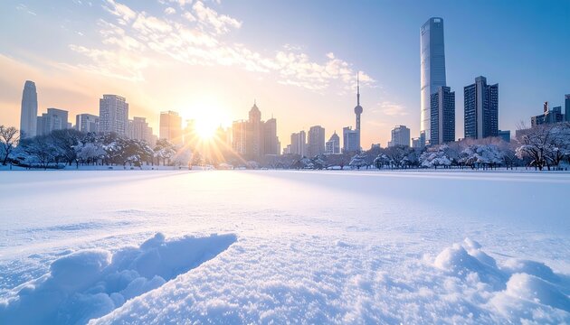 Winter Cityscape Sunrise Over Frozen Lake with Skyline.