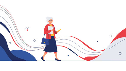 Fototapeta premium Stylish senior woman with grey hair walking confidently while carrying a briefcase and several important business documents.