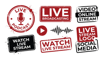 Live broadcast icons with play button sound wave and social media logos for streaming
