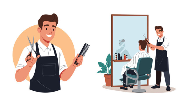 Skilled male barber shown in a portrait and while cutting a customer's hair in a modern professional hair salon environment.