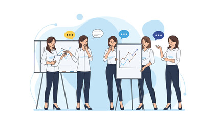 Fototapeta premium Team of businesswomen in professional attire collaborating and discussing data charts on whiteboards in a modern office setting.