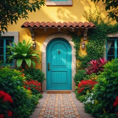 Fototapeta premium Door turquoise with vibrant garden pathway surrounded by colorful flowers and lush greenery leading to a charming entrance