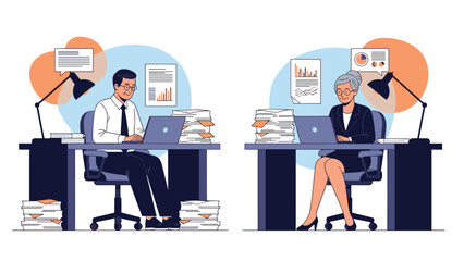 Fototapeta premium Two focused office employees sitting at their desks working on laptops surrounded by large stacks of paperwork and charts.