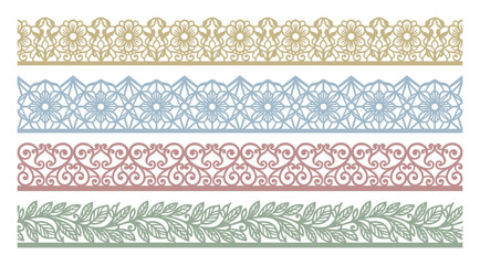 Set of decorative ornamental borders in different colors, elegant lace patterns for design