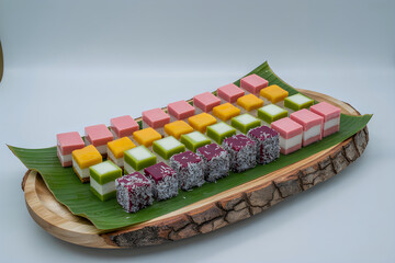Assortment of colorful square petit fours on a banana leaf and wood platter dessert