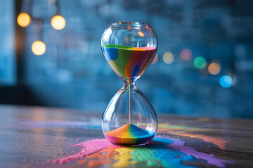 Colorful hourglass with sand spilling onto wooden surface time