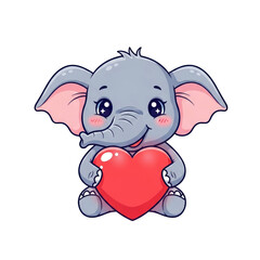 Obraz premium Cute baby elephant cartoon character sitting and holding a red heart, depicted in a sweet and charming illustration style with soft colors, isolated. isolated PNG with Transparent Background