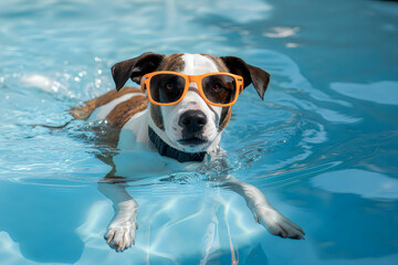 Dog wearing orange sunglasses swims in bright blue pool water swimming