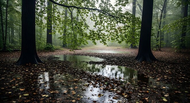 Serene forest glade with reflective puddle after rain in nature