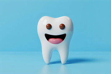 Happy cartoon tooth with wide smile and pink tongue on blue background smiling character