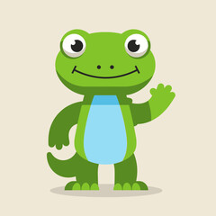 Fototapeta premium Cute cartoon green frog waving hello, friendly character, isolated on light background, vector illustration