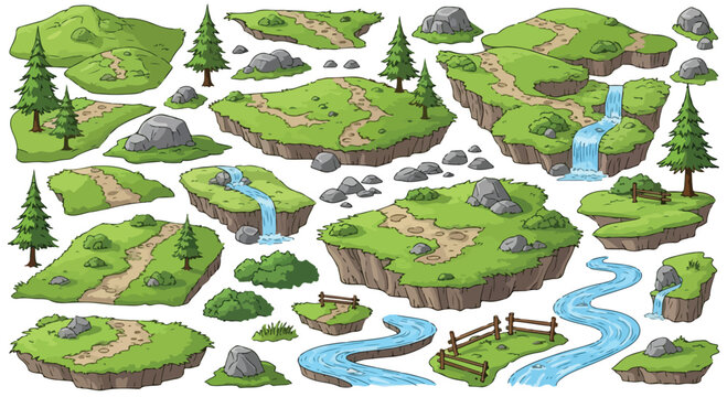 Hand drawn cartoon floating islands and nature elements set with paths, trees, rocks, and rivers
