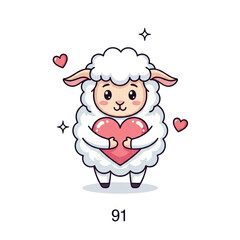 Fototapeta premium Cute cartoon sheep character holding a pink heart, with small hearts and sparkles around, created in a sweet, charming, and simple vector art style. isolated PNG with Transparent Background