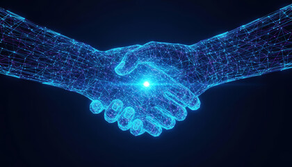 Virtual Reality Handshake with Glowing Blue Digital Network Hands