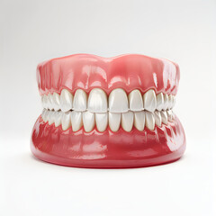 Realistic human dentures with white teeth and pink gums dental mouth