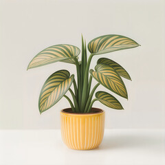 Potted plant with striped green and yellow leaves in a yellow pot houseplant green leaves