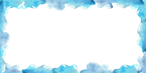 Obraz premium Watercolor blue splash border frame on white background, artistic hand-painted design with artistic brush strokes around the edges