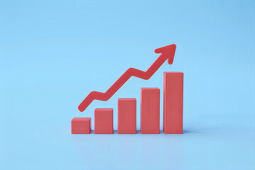 Red 3d bar chart with upward trending arrow on blue background graph increasing growth