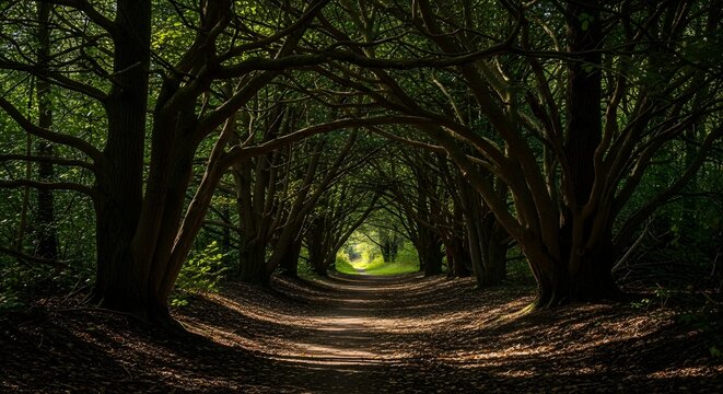 Serene nature scene a mysterious forest path leading to a radiant green light
