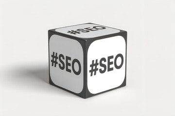 White cube with black hashtag seo text on multiple sides