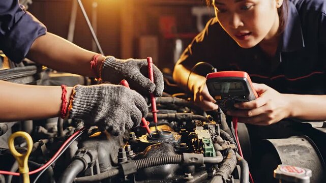 Two Mechanics Working on Car Engine Repair with Multimeter Tool in Workshop