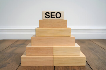 Wooden blocks stacked in pyramid shape with S E O text on search engine optimization