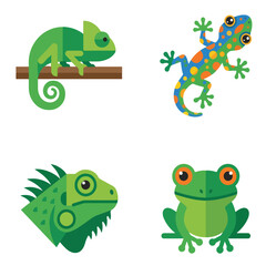Fototapeta premium Tropical Reptile Chameleon Gecko and Frog Icon Set